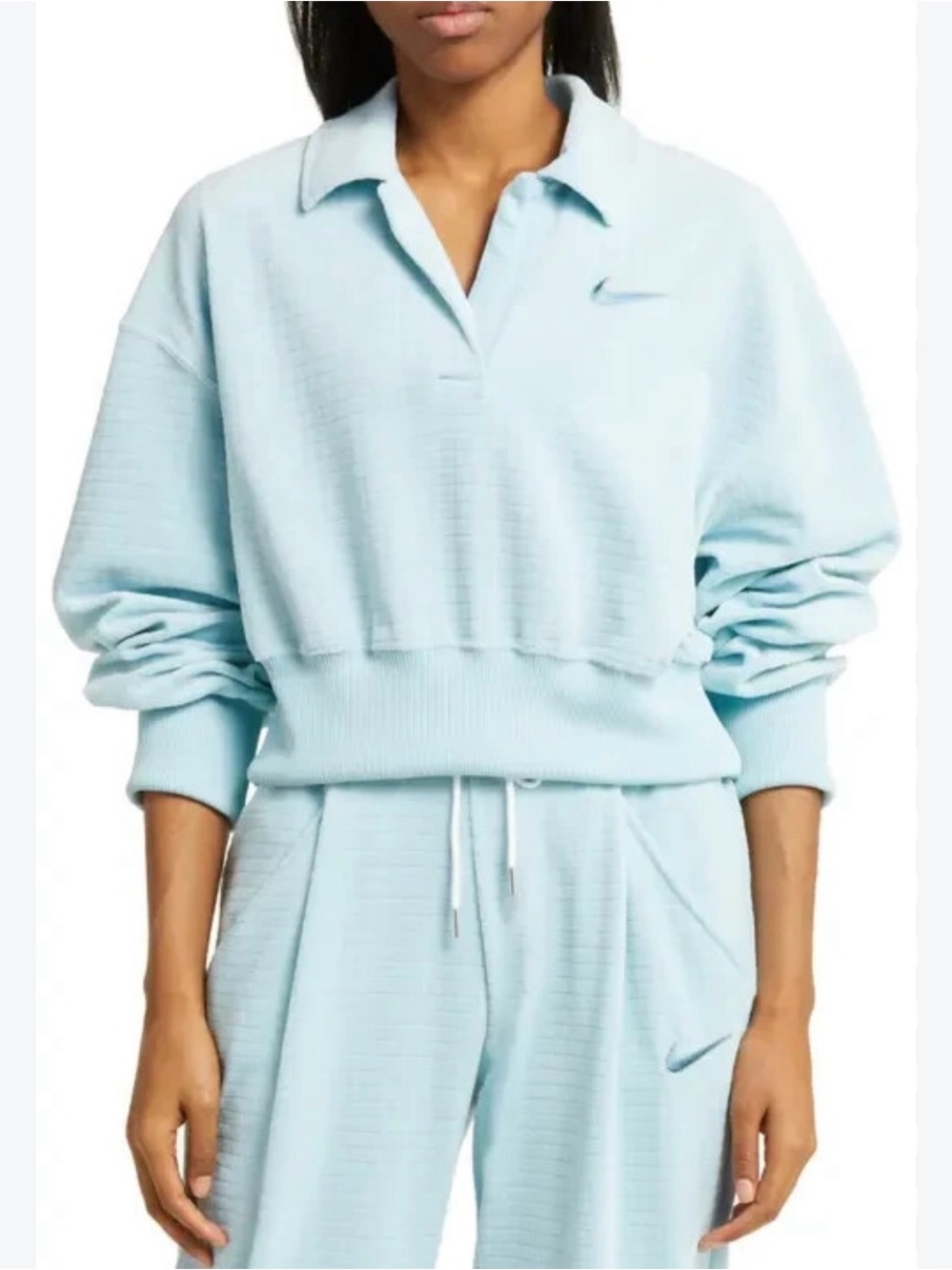 Nike Light Blue Cropped Polo Velour Sweatshirt - Women's
